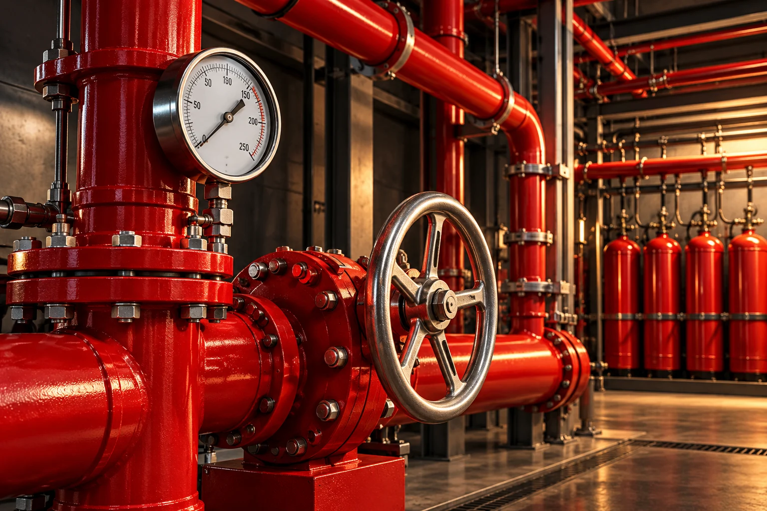 Red industrial de tuberías rojas, válvulas y manómetro de protección contra incendios