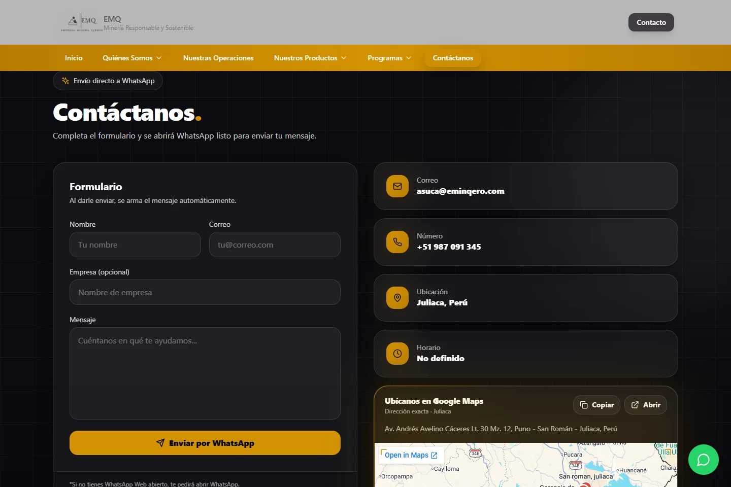 Sección de ubicación y contacto de EMIN Q’EROS