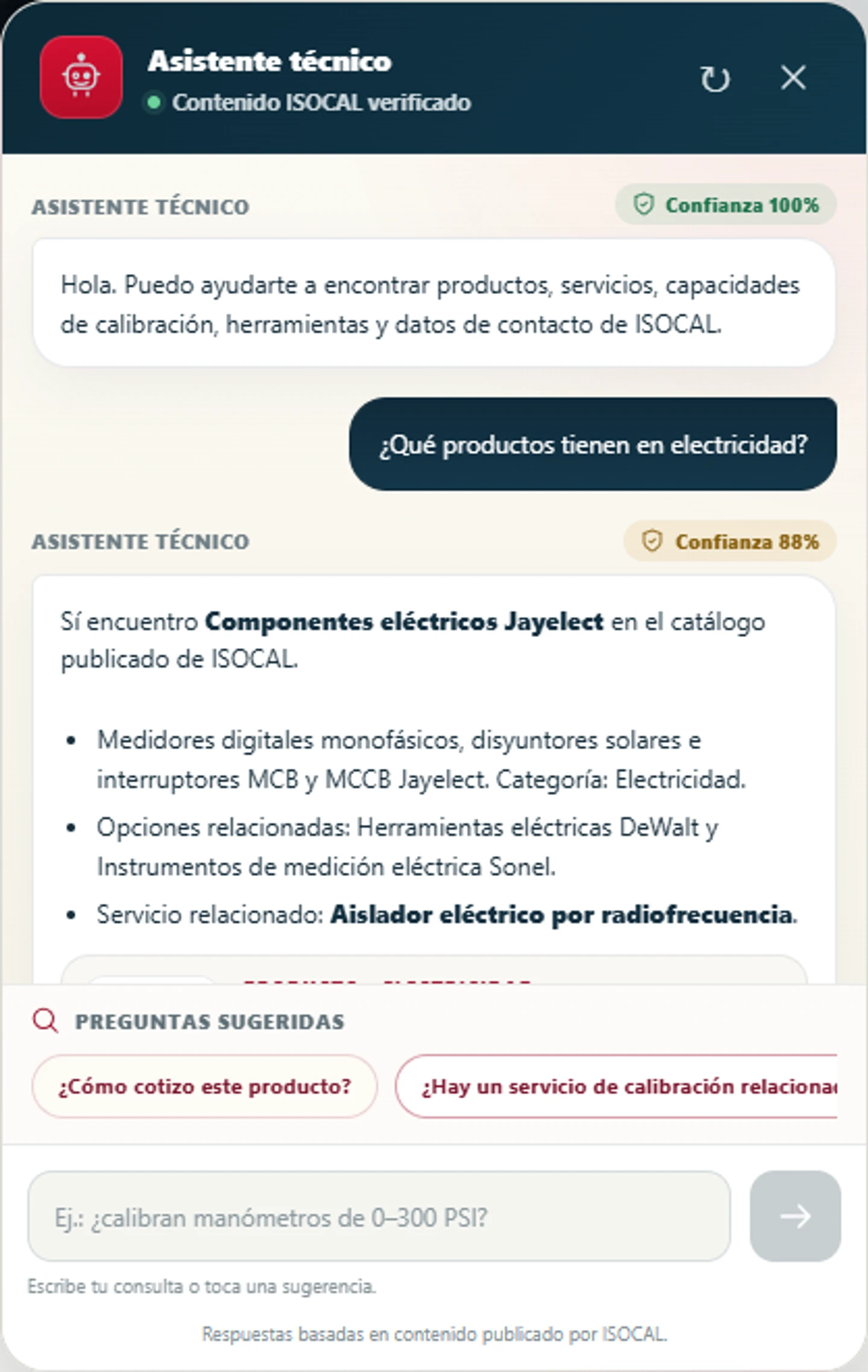 Consulta sobre productos de electricidad y respuesta del asistente técnico de ISOCAL